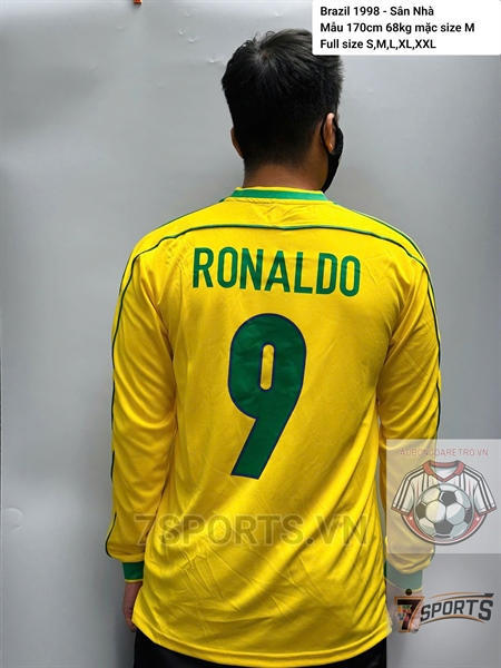 kiotviet_eb426e568b012c4787a3ed32fa9bc9f7 Brazil Retro Jersey 1998 Long Sleeve Home Shirt Name Number Set #9 RONALDO