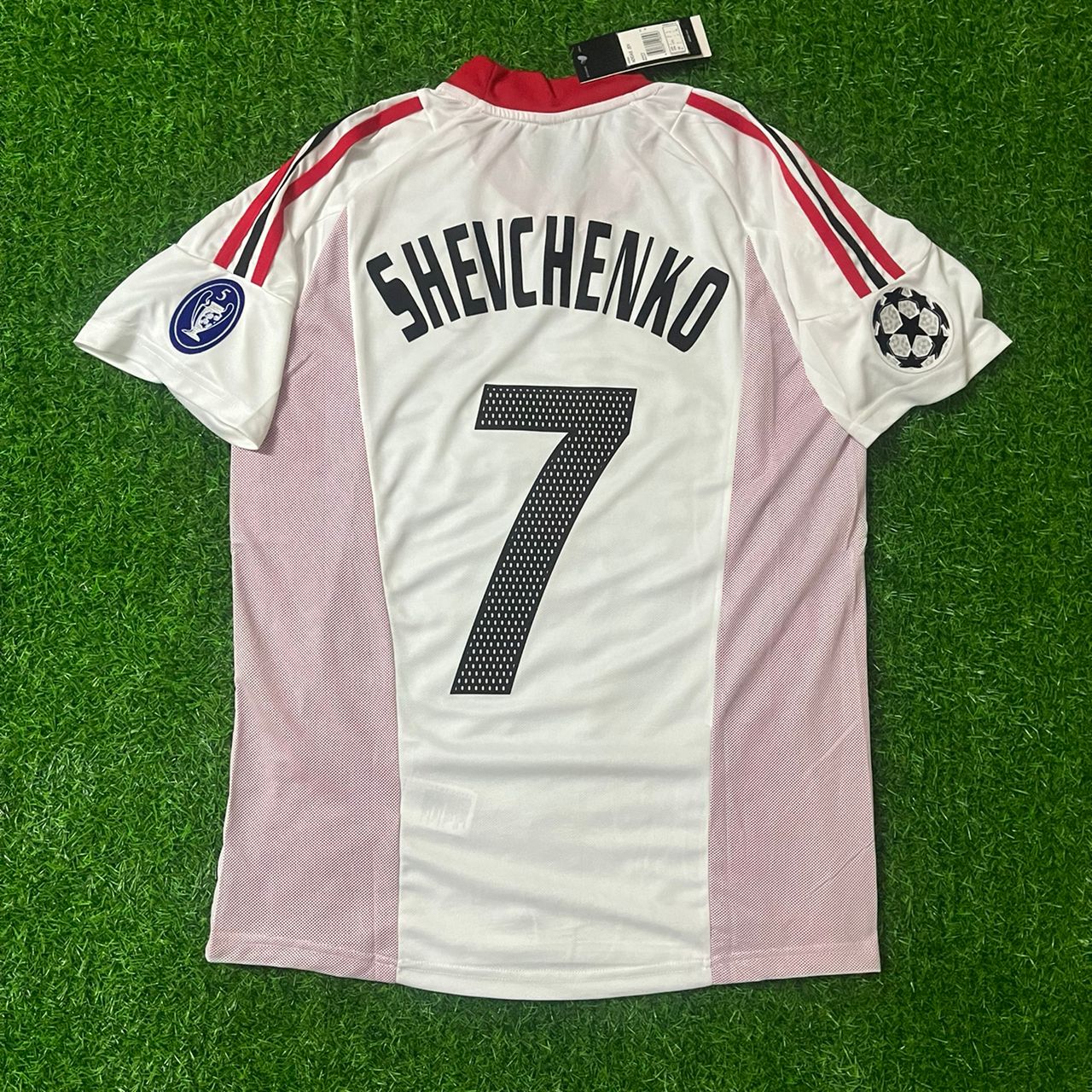 andriy-schevchenko-milan-2003-manchester-final-kit-jersey-maillot-trikot-back Andriy Shevchenko Number #7 AC Milan 2003 Champions League Final Old Trafford White Retro Jersey Maglia Maillot