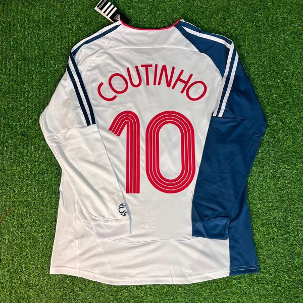Philippe Coutinho Number #10 Liverpool White Blue Long Sleeve Retro Jersey Trikot Maglia Soccer Shirt