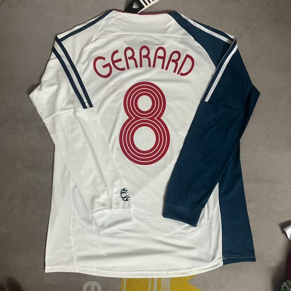 Steven Gerrard Number #8 Liverpool 2007 White Blue Long Sleeve Retro Jersey