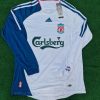 Steven Gerrard Number #8 Liverpool 2007 White Blue Long Sleeve Retro Jersey
